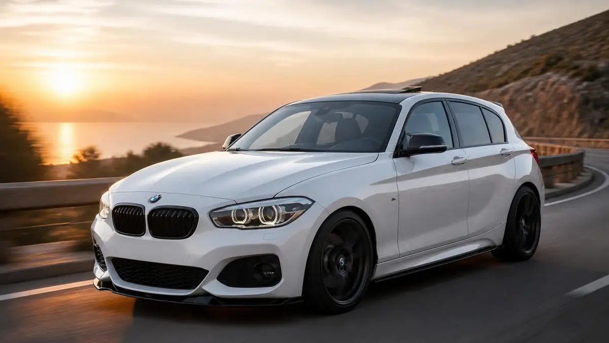 Une M140i blanche roule sur une route côtière au coucher du soleil