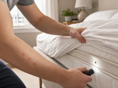 Inspection du matelas après l’apparition d’un bouton punaise de lit sur l’avant-bras.