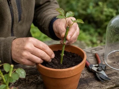 Une bouture de rosier préparée dans un pot en terre cuite au jardin.