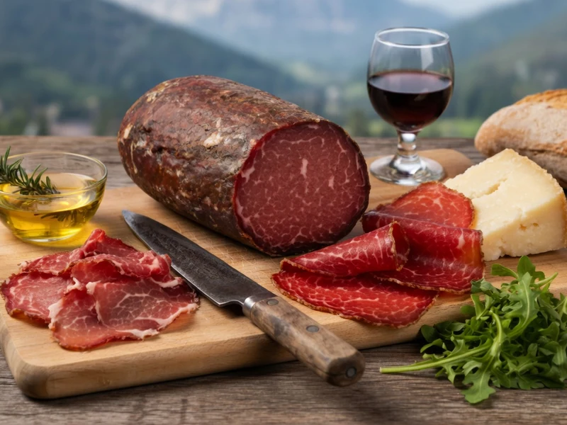 Une planche en bois présentant de la Bresaola tranchée accompagnée de fromage, d'huile et de pain avec les montagnes en fond