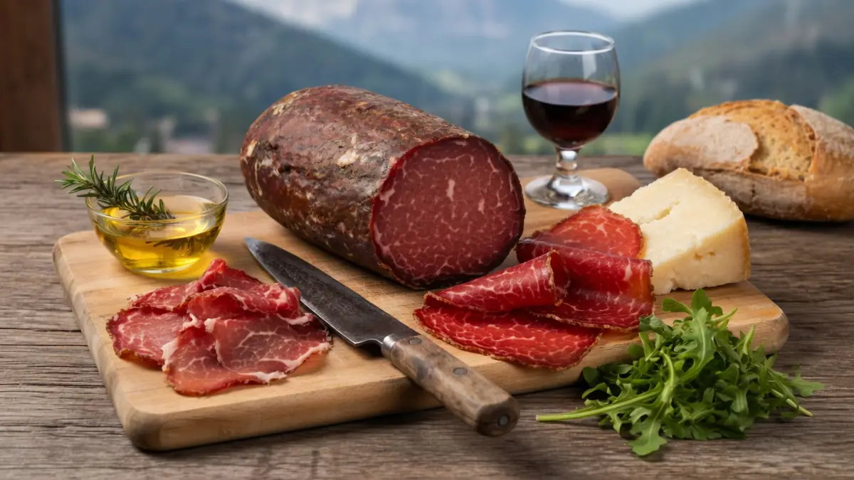 Une planche en bois présentant de la Bresaola tranchée accompagnée de fromage, d'huile et de pain avec les montagnes en fond