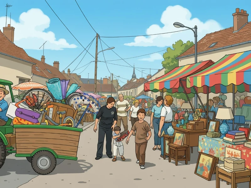 Une rue animée par un bric-à-brac 72 avec des stands et un tracteur chargé d'objets