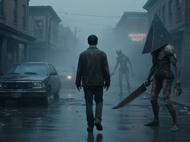 Scène du retour à Silent Hill montrant un homme et Pyramid Head dans une ville brumeuse