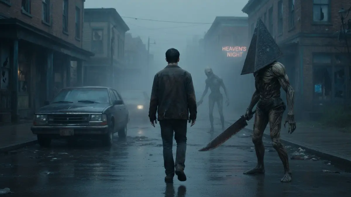 Scène du retour à Silent Hill montrant un homme et Pyramid Head dans une ville brumeuse