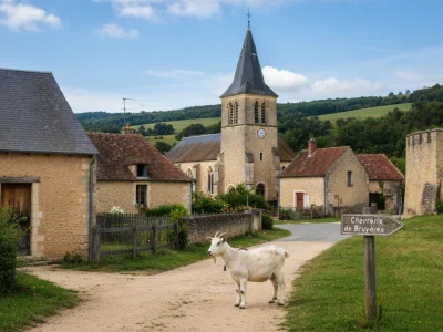 Vue champêtre de bruyère et Montberault avec une chèvre devant l'église du village
