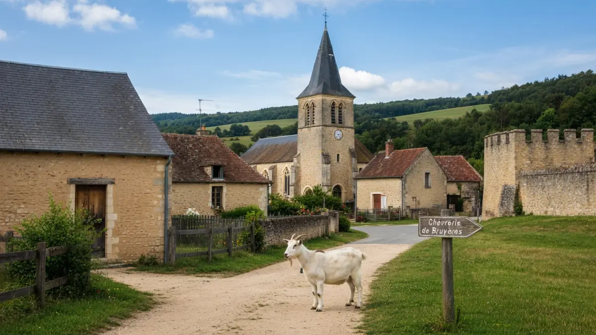 Vue champêtre de bruyère et Montberault avec une chèvre devant l'église du village