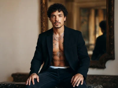 Portrait de l'acteur Bryan Trésor posant torse nu sous une veste noire devant un miroir