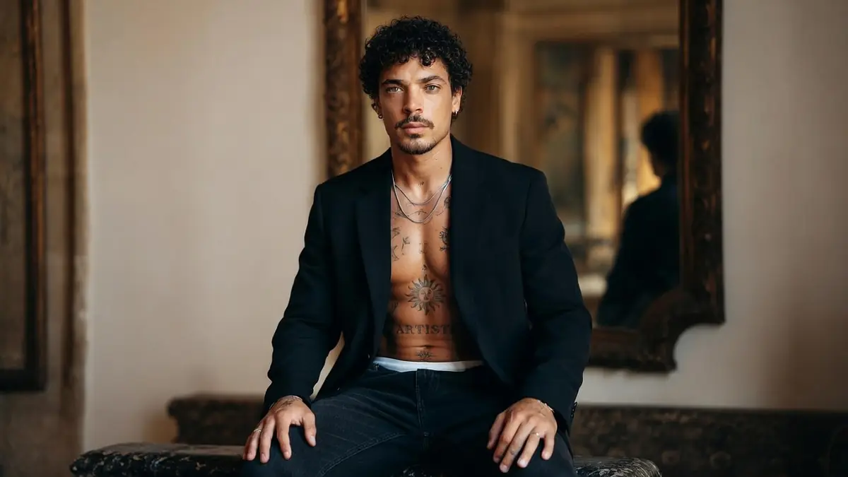 Portrait de l'acteur Bryan Trésor posant torse nu sous une veste noire devant un miroir