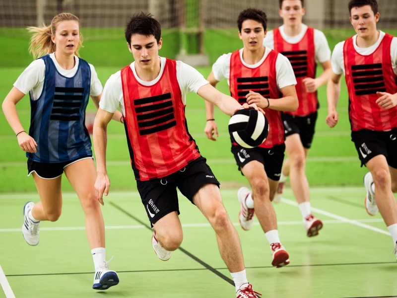 Des jeunes sportifs en chasubles courent sur un terrain intérieur pour jouer une partie de Bumball