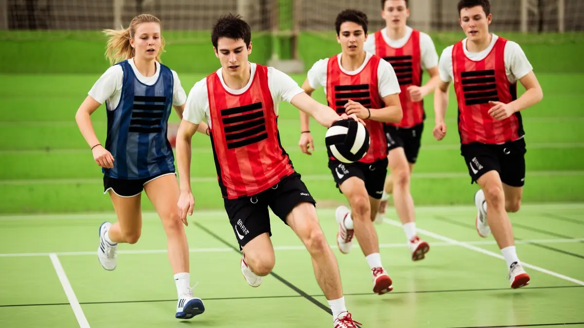 Des jeunes sportifs en chasubles courent sur un terrain intérieur pour jouer une partie de Bumball