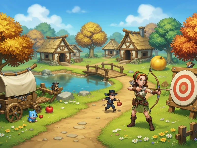 Une archère vise une cible dans un village automnal et c'est pour ta pomme Dofus