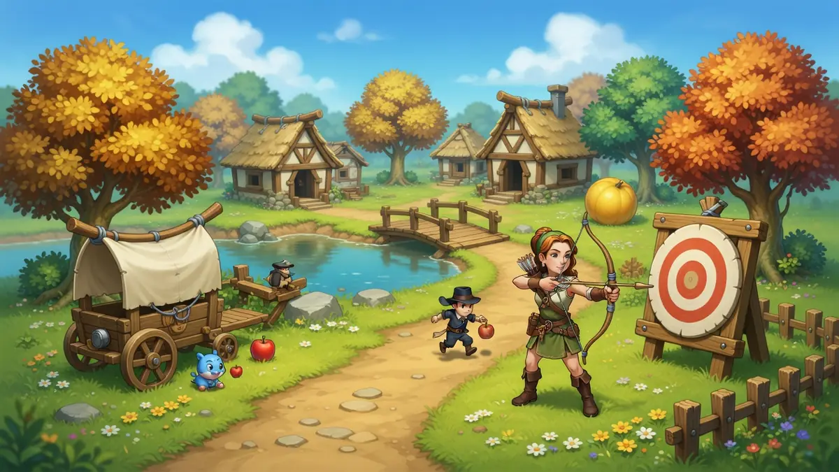 Une archère vise une cible dans un village automnal et c'est pour ta pomme Dofus