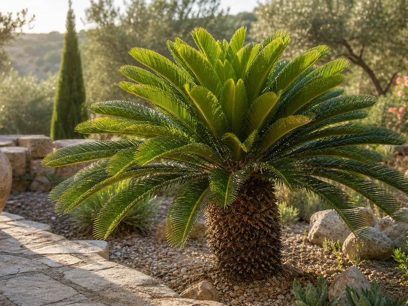 Un C. revoluta mature baigne dans la lumiere dun jardin mediterraneen.