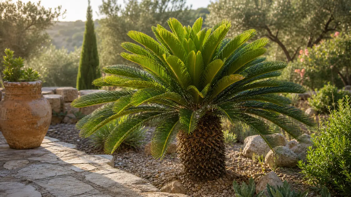 Un C. revoluta mature baigne dans la lumiere dun jardin mediterraneen.