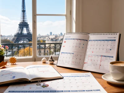 Un bureau avec vue sur la tour Eiffel présente un calendrier 2027 près d'une tasse de café