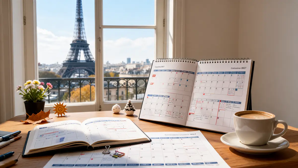 Un bureau avec vue sur la tour Eiffel présente un calendrier 2027 près d'une tasse de café