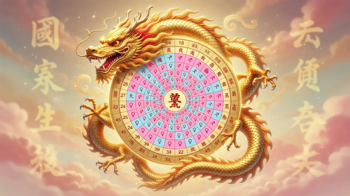 Un dragon doré entoure le calendrier chinois grossesse 2026 dans un ciel nuageux