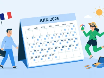 Un homme marchant et une femme sautant au soleil avec les jours fériés juin 2026