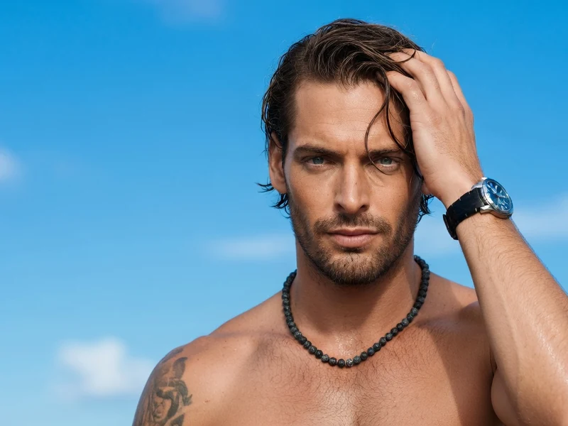 Camille Lacourt pose torse nu la main dans les cheveux sous un ciel bleu
