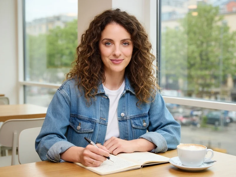 Camille Lavabre souriante assise à une table de café avec un carnet et une tasse de café