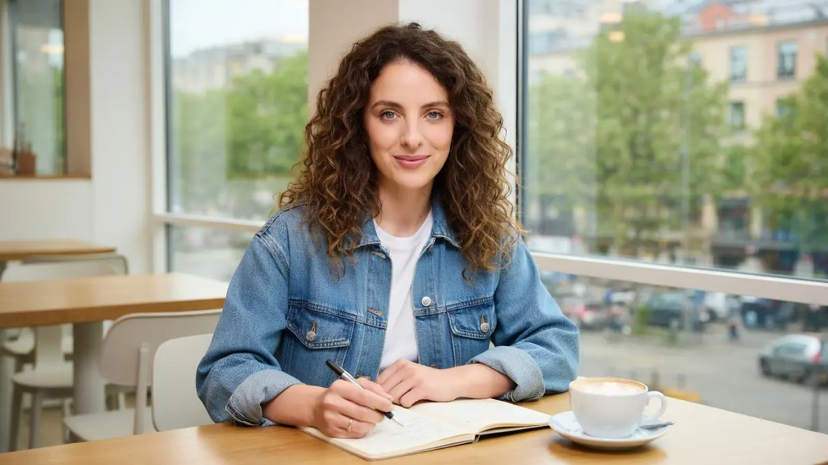 Camille Lavabre souriante assise à une table de café avec un carnet et une tasse de café