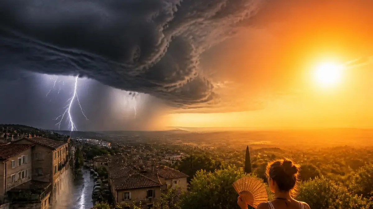 Une personne observe un ciel partagé entre un soleil radieux et un violent orage pour la météo demain