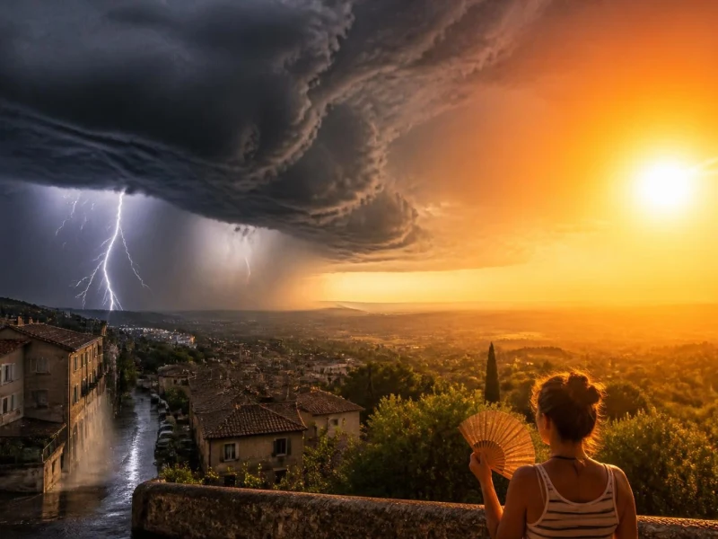 Une personne observe un ciel partagé entre un soleil radieux et un violent orage pour la météo demain