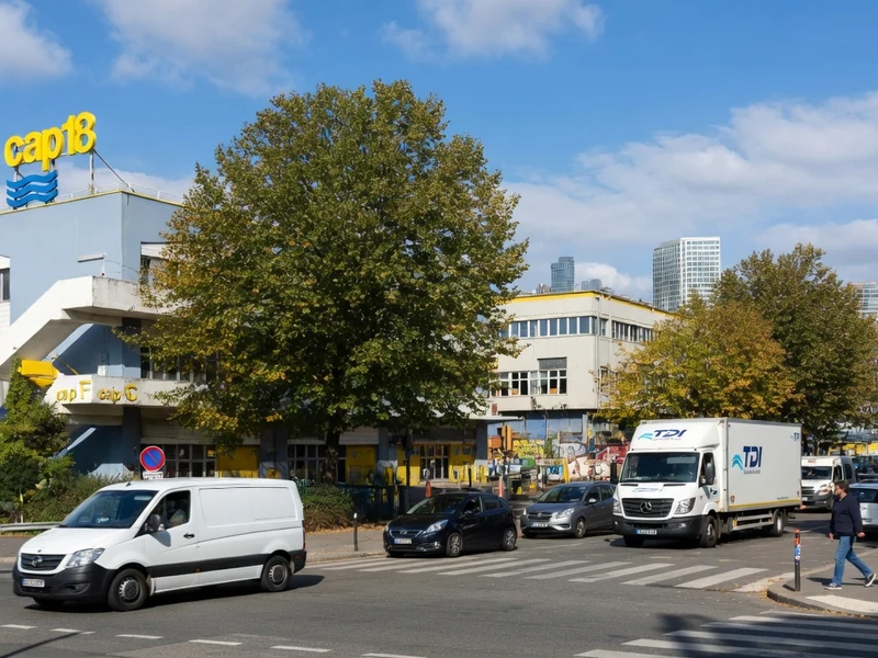 Vue extérieure de la zone industrielle cap 18 avec des véhicules circulant dans la rue sous un ciel ensoleillé