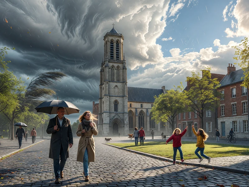 Scène urbaine illustrant douai météo avec un ciel contrasté et des passants devant une église