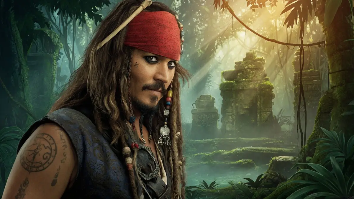 Jack Sparrow explore une jungle luxuriante dans pirates des Caraïbes la fontaine de jouvence
