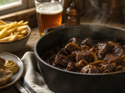 Un ragoût de bœuf à la bière mijote dans une cocotte en fonte.