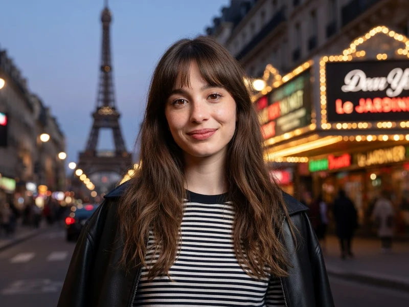 Portrait souriant de Carla Poquin devant la tour Eiffel et un cinéma parisien