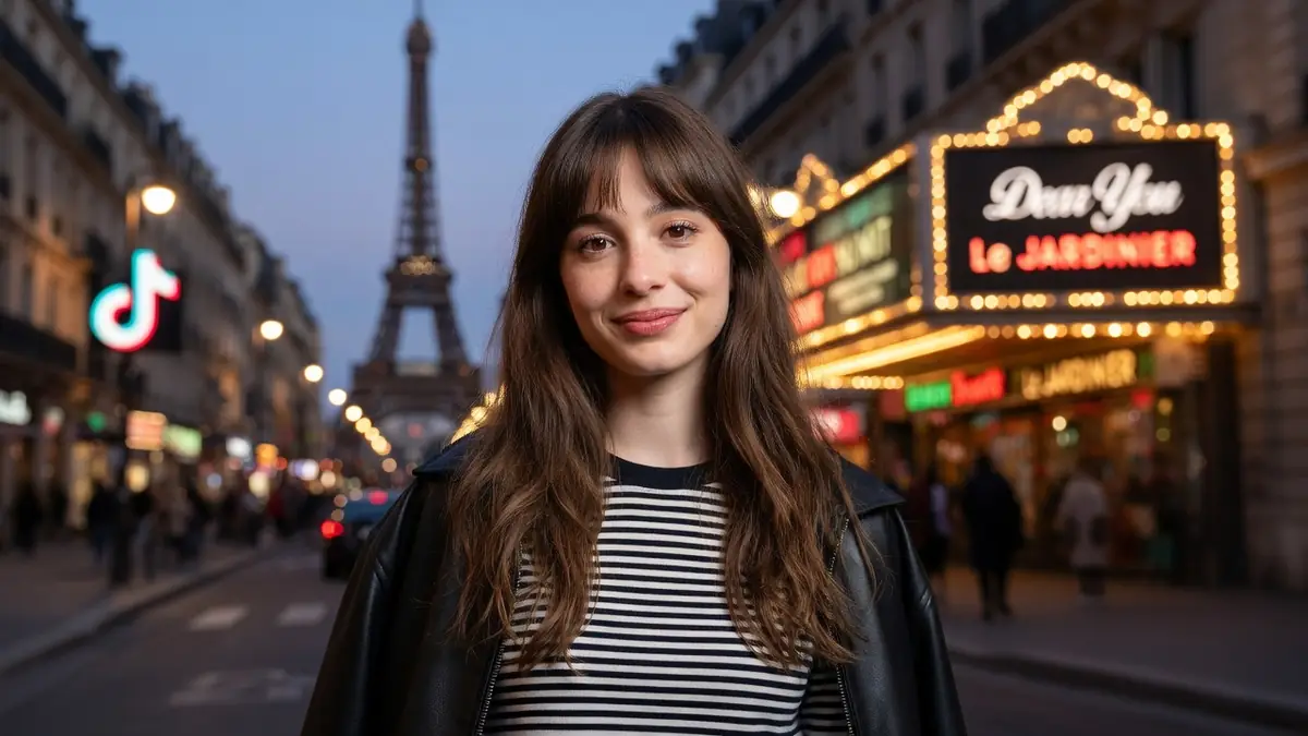 Portrait souriant de Carla Poquin devant la tour Eiffel et un cinéma parisien