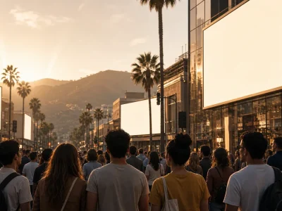 Une foule observe les écrans lumineux de la carlifornication à Los Angeles.