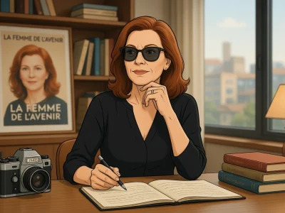 Caroline Huppert est assise à son bureau en train d'écrire dans un carnet ouvert