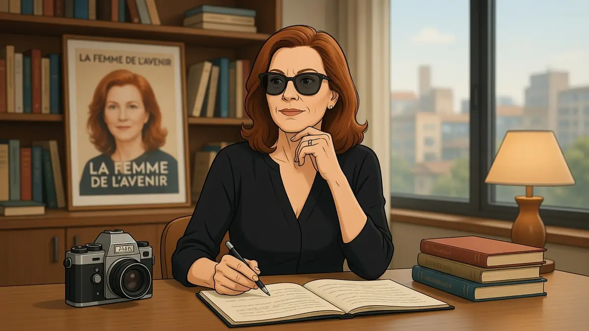 Caroline Huppert est assise à son bureau en train d'écrire dans un carnet ouvert