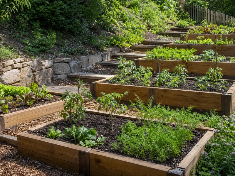 Carré potager en pente aménagé en terrasses de bois dans un jardin ensoleillé.
