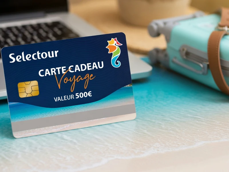 Une carte cadeau voyage Selectour posée sur une table près d'un ordinateur et d'une petite valise de voyage