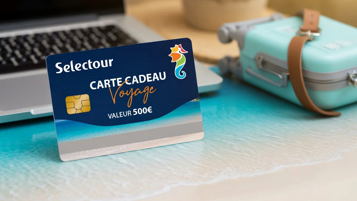 Une carte cadeau voyage Selectour posée sur une table près d'un ordinateur et d'une petite valise de voyage
