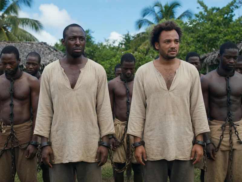Des hommes enchaînés dans un décor historique rappellent la situation initiale du film Case départ