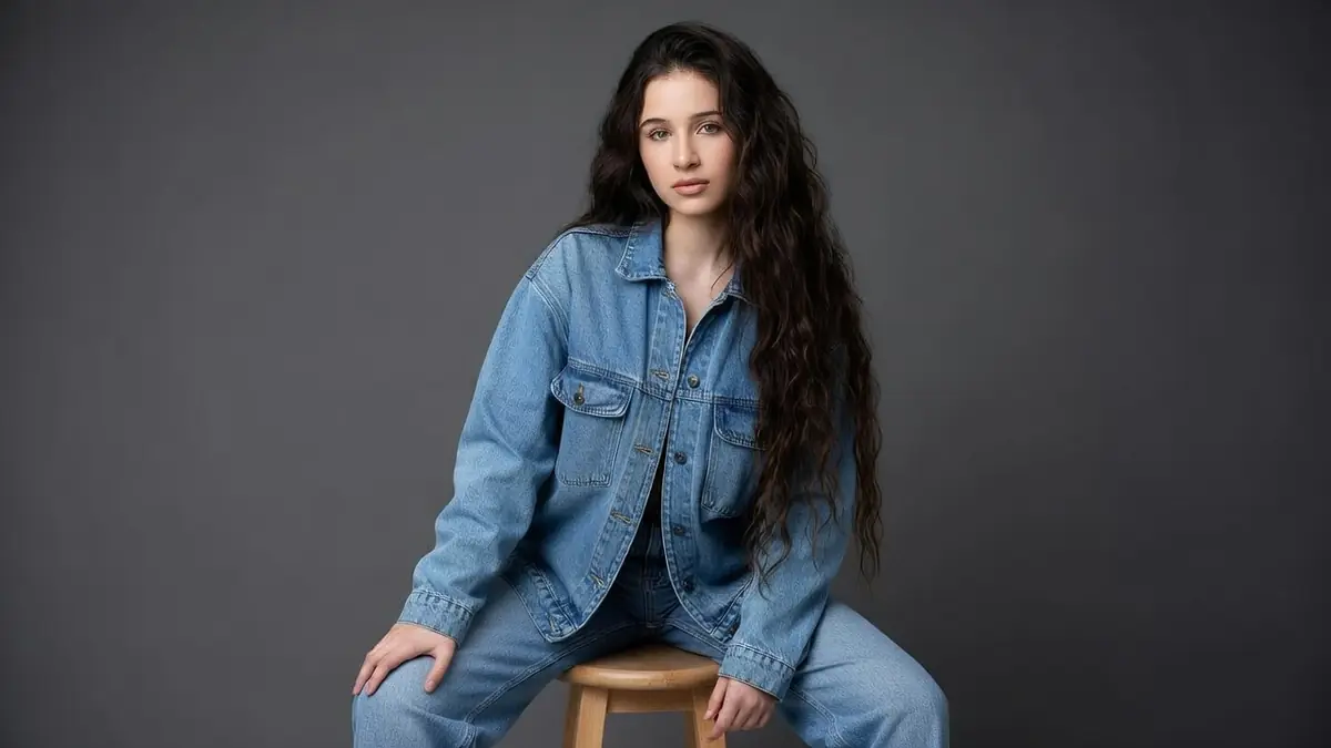 Catherine Davydzenka pose assise sur un tabouret en tenue denim bleue
