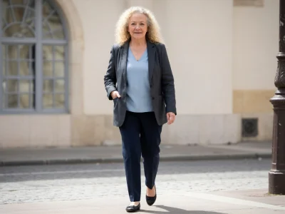 Catherine Hiegel se promène dans une rue pavée près d'un lampadaire
