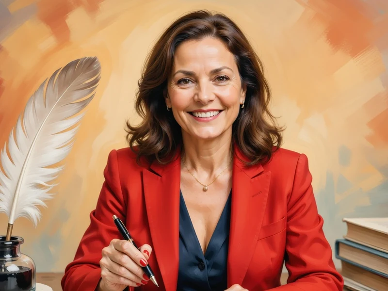 Cendrine Dominguez sourit en blazer rouge en tenant une plume et un stylo près de livres