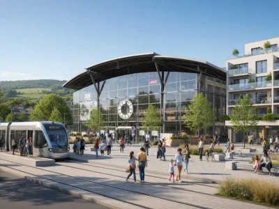 Le tramway circule devant la gare moderne de cergy Le Haut dans un espace public animé par de nombreux piétons