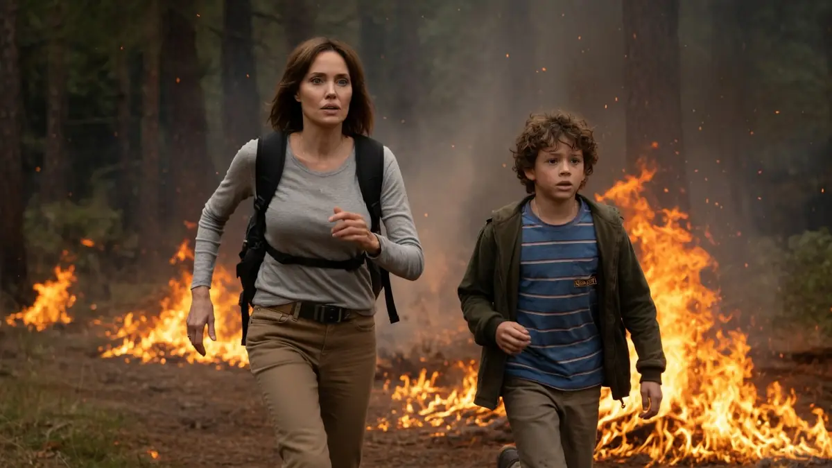 Angelina Jolie fuit devant un incendie de forêt avec un jeune garçon dans ceux qui veulent ma mort