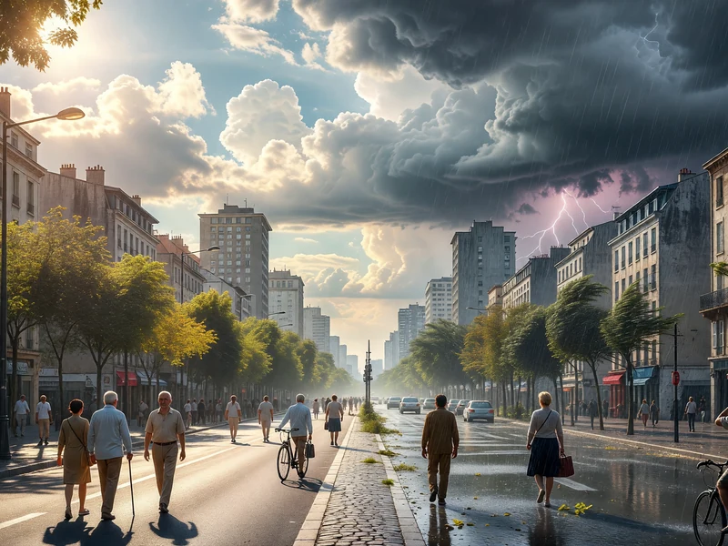 La météo à Villeurbanne offre un contraste saisissant entre le soleil et les orages dans cette rue urbaine animée