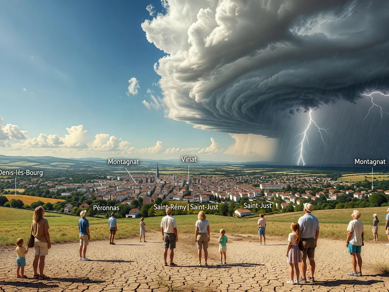 Des personnes regardent la météo à Bourg-en-Bresse sous un ciel orageux avec des éclairs