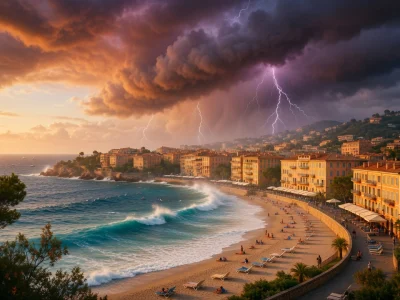 Des éclairs zèbrent le ciel au-dessus d'une plage bordée de bâtiments pendant l'été 2026