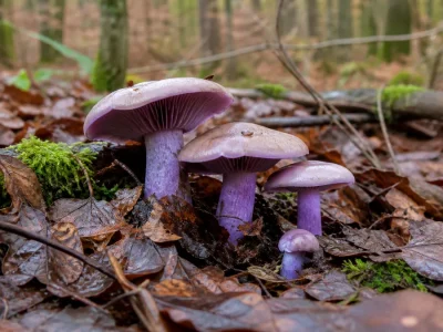 Des champignons pieds bleus émergent des feuilles humides en sous-bois.