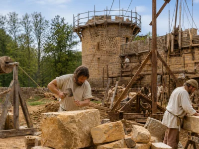 Artisans au travail sur le chantier médiéval Guédelon.